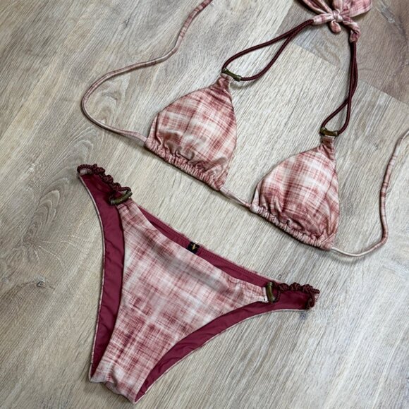Vix Paula Hermanny Plaid Brazilian Triangle Bikini Set Burgundy Pink XS - Picture 2 of 10